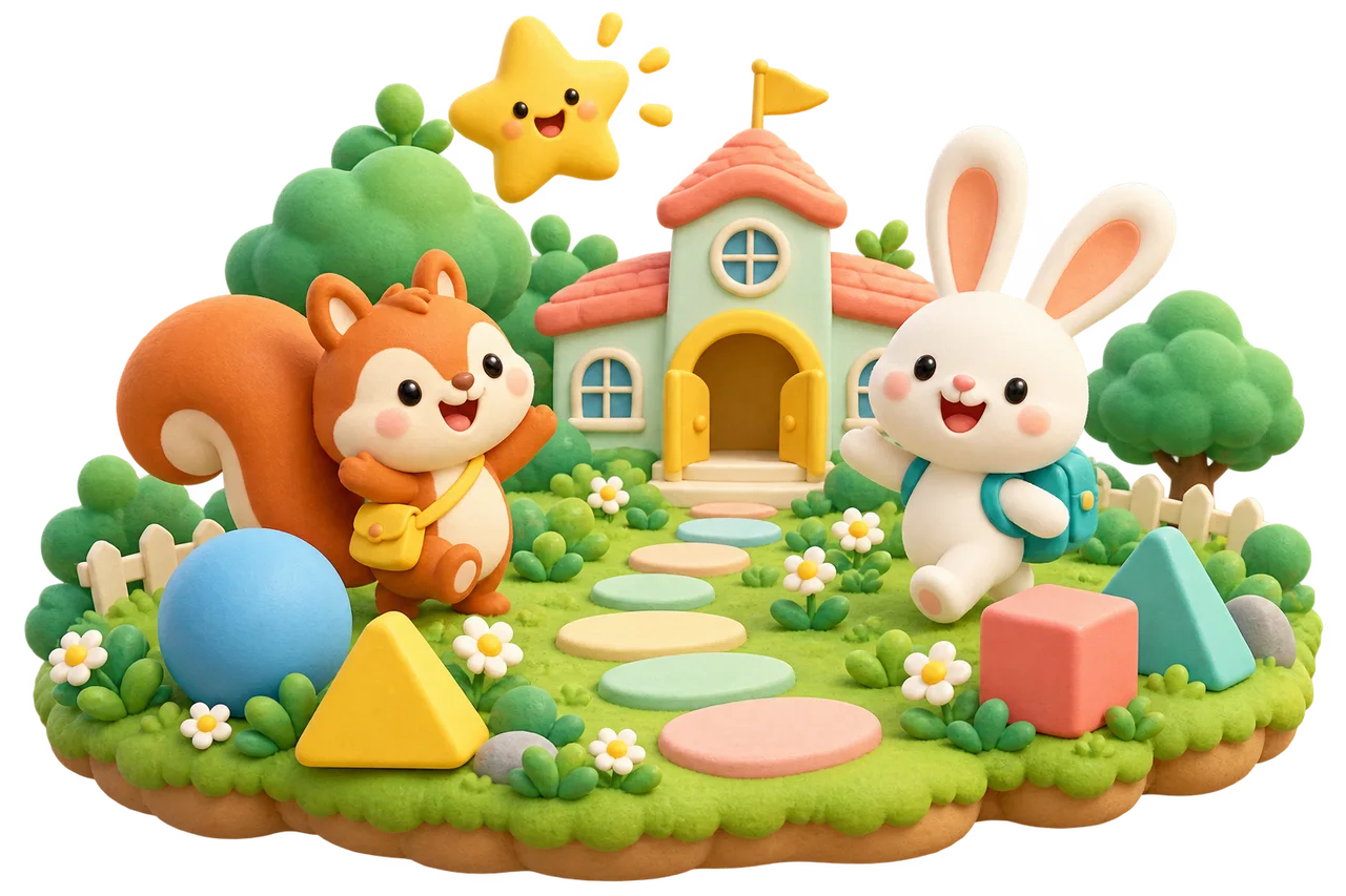 Rabbit and squirrel friends explore a playful math garden with stepping stones and colorful shapes.